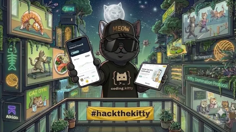 Fitty artwork of a cat in a coding.kitty shirt holding a phone showing a body condition score chart