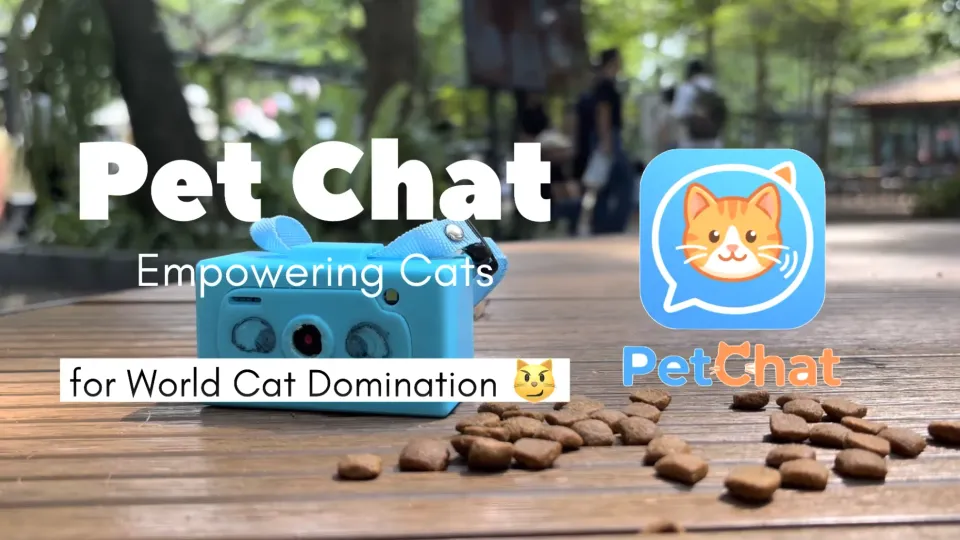Pet Talk demo showing the Flutter app chat interface alongside an ESP32-CAM collar